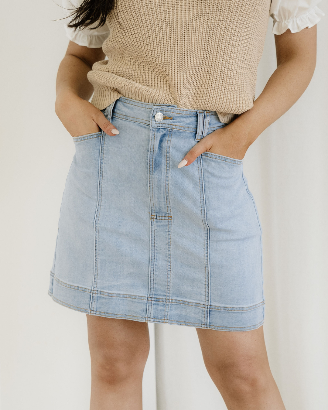 Juliet Exposed Seam Detail A-line Denim Mini Skirt with Pockets