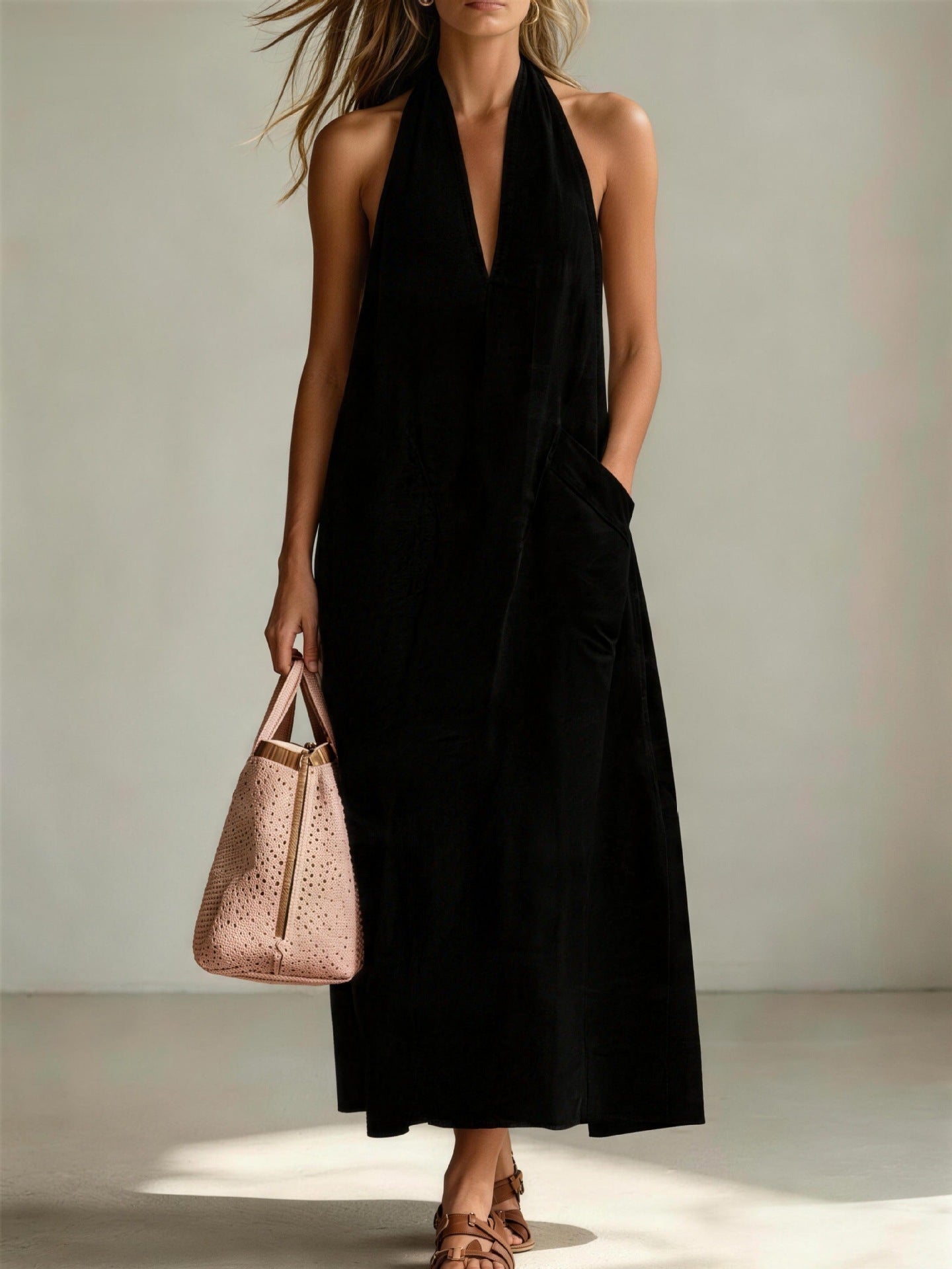 Cotton Halterneck Sleeveless Deep V-Neck Loose Straight-Line Dress