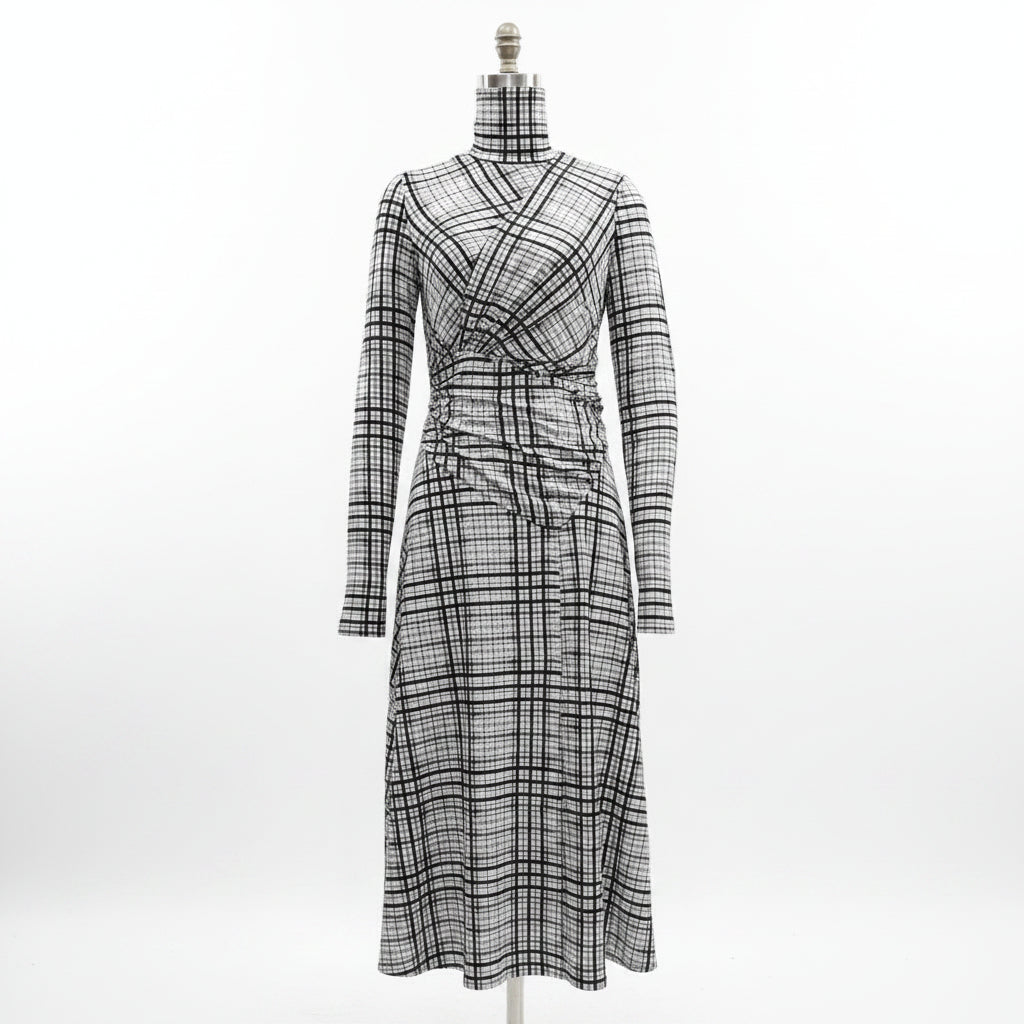 Women's Stand Collar Long Sleeve Plaid Pleated Maxi Dress – High Waist A-Line