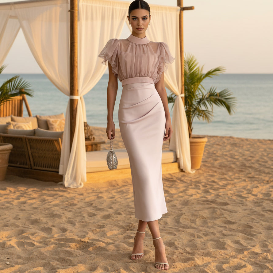Pink Mesh Lace-Up Waist Two-Piece Dress Set – Elegant Long Skirt & Top