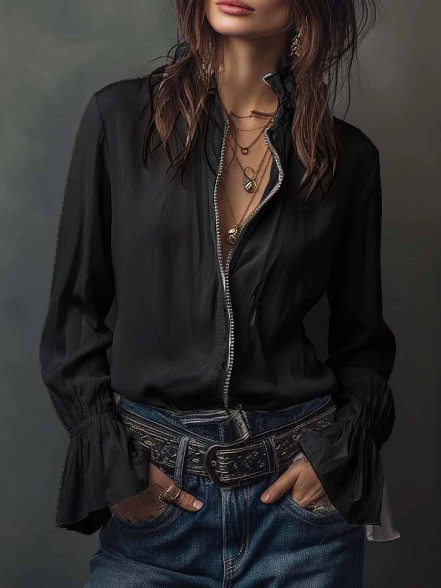 Women's Ruffled Sleeve Resort Shirt – Stretch Casual Long Blouse