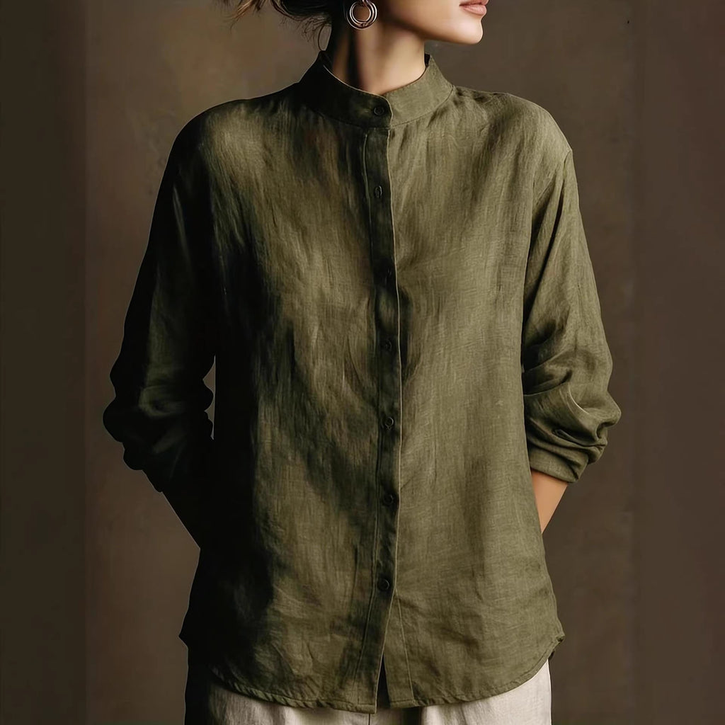 Women's Loose Cotton Linen Long Sleeve Shirt — Flip Collar