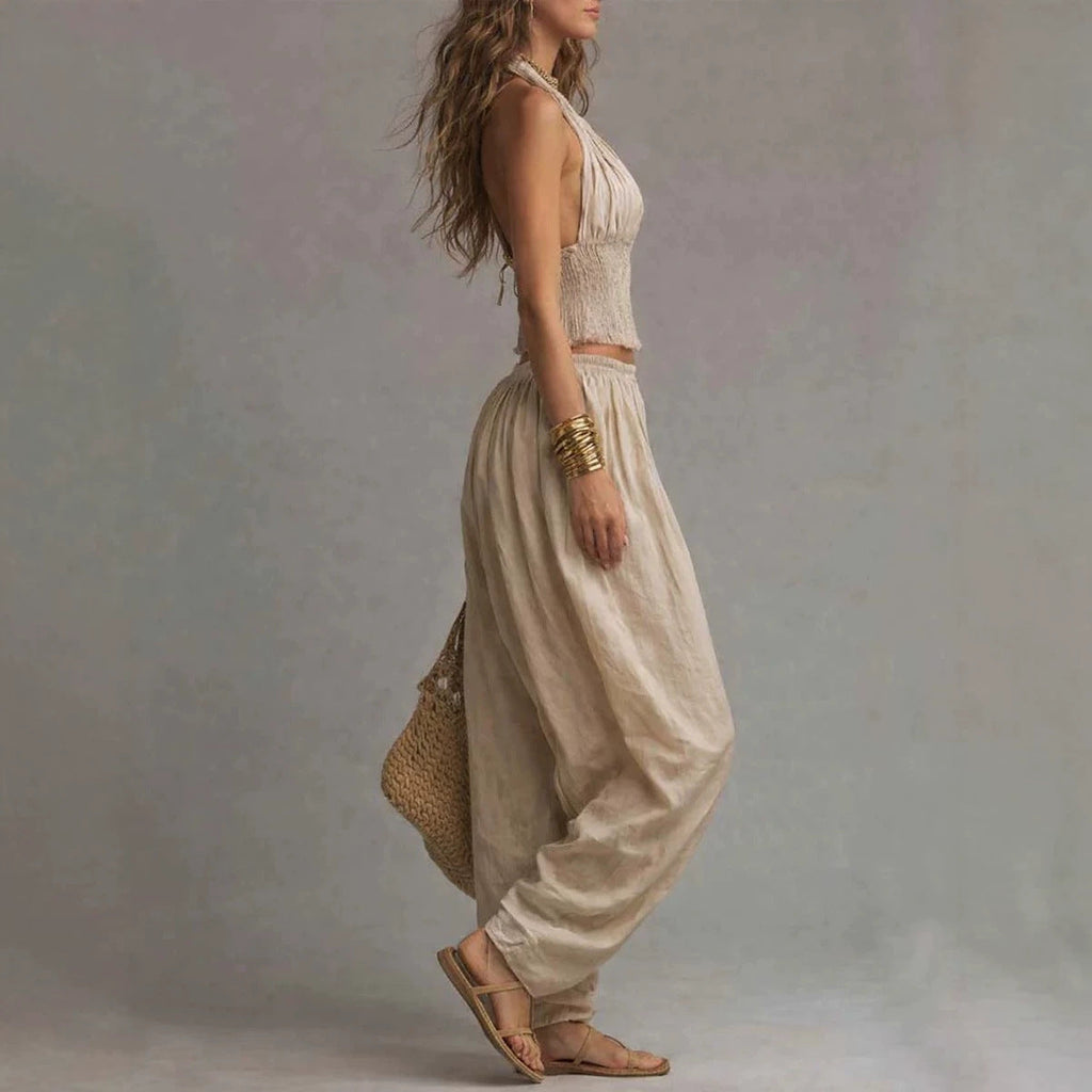 Women's Sleeveless Backless Halter Top & Wide-Leg Pants Set