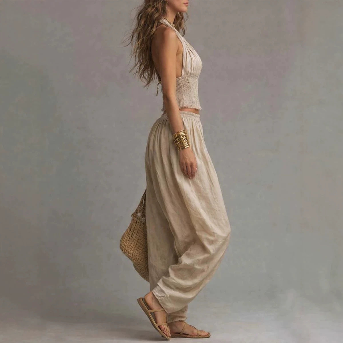 Women's Sleeveless Backless Halter Top & Wide-Leg Pants Set