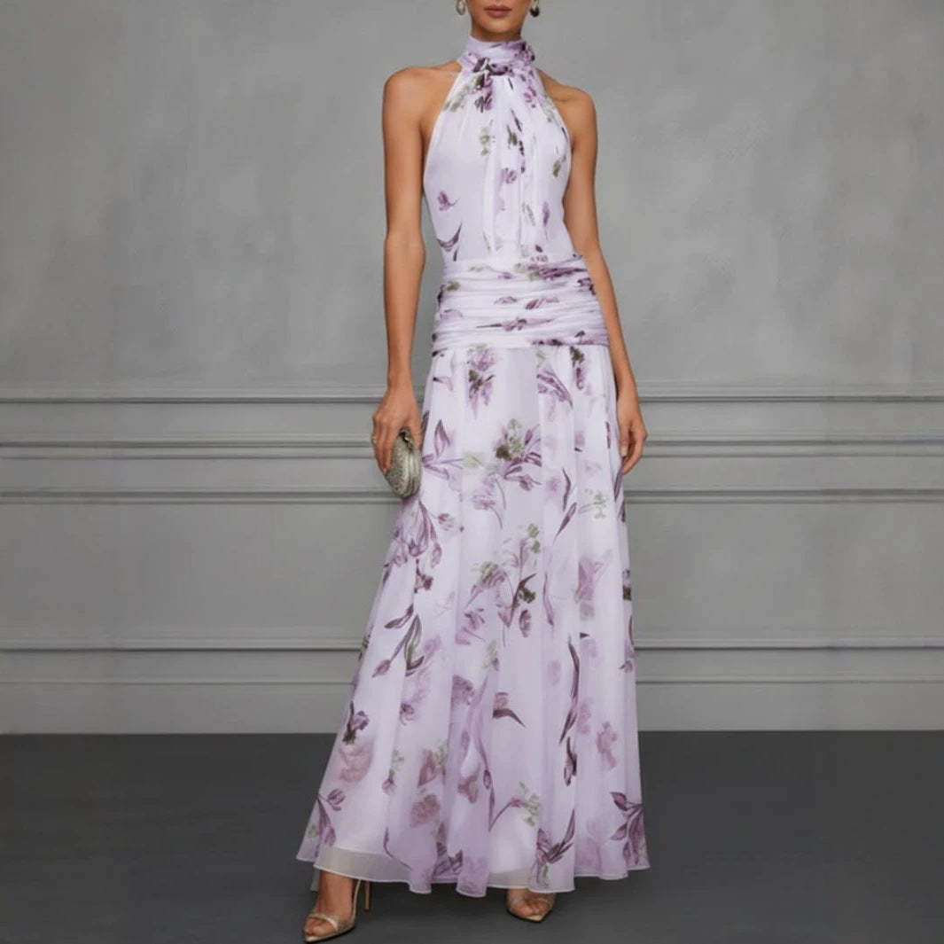 Halter Neck Printed Maxi Dress – Fitted Sleeveless Long Dress