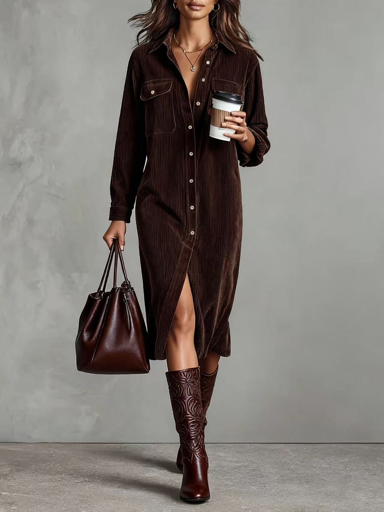 Women's Corduroy Long Sleeve Shirt Dress – Turn-Down Collar Button Front Midi with Pockets