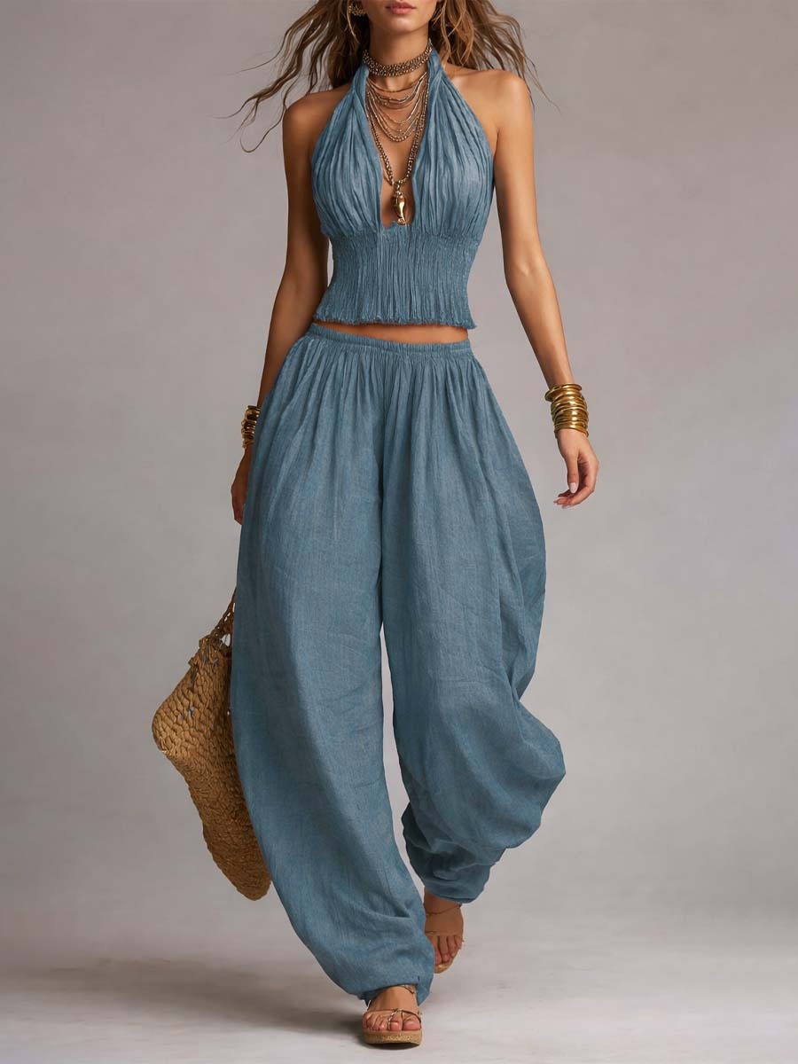 Women's Sleeveless Backless Halter Top & Wide-Leg Pants Set