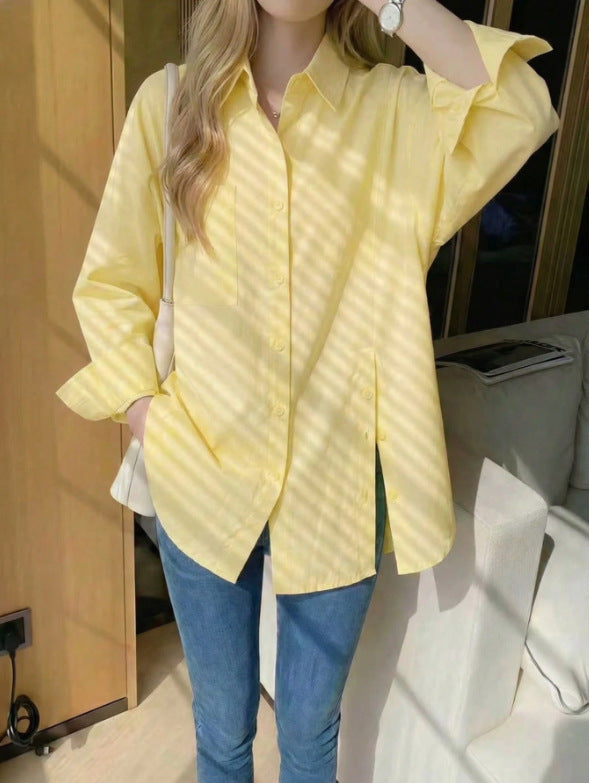Women's Solid Color Drop Shoulder Button Side Slit Shirt
