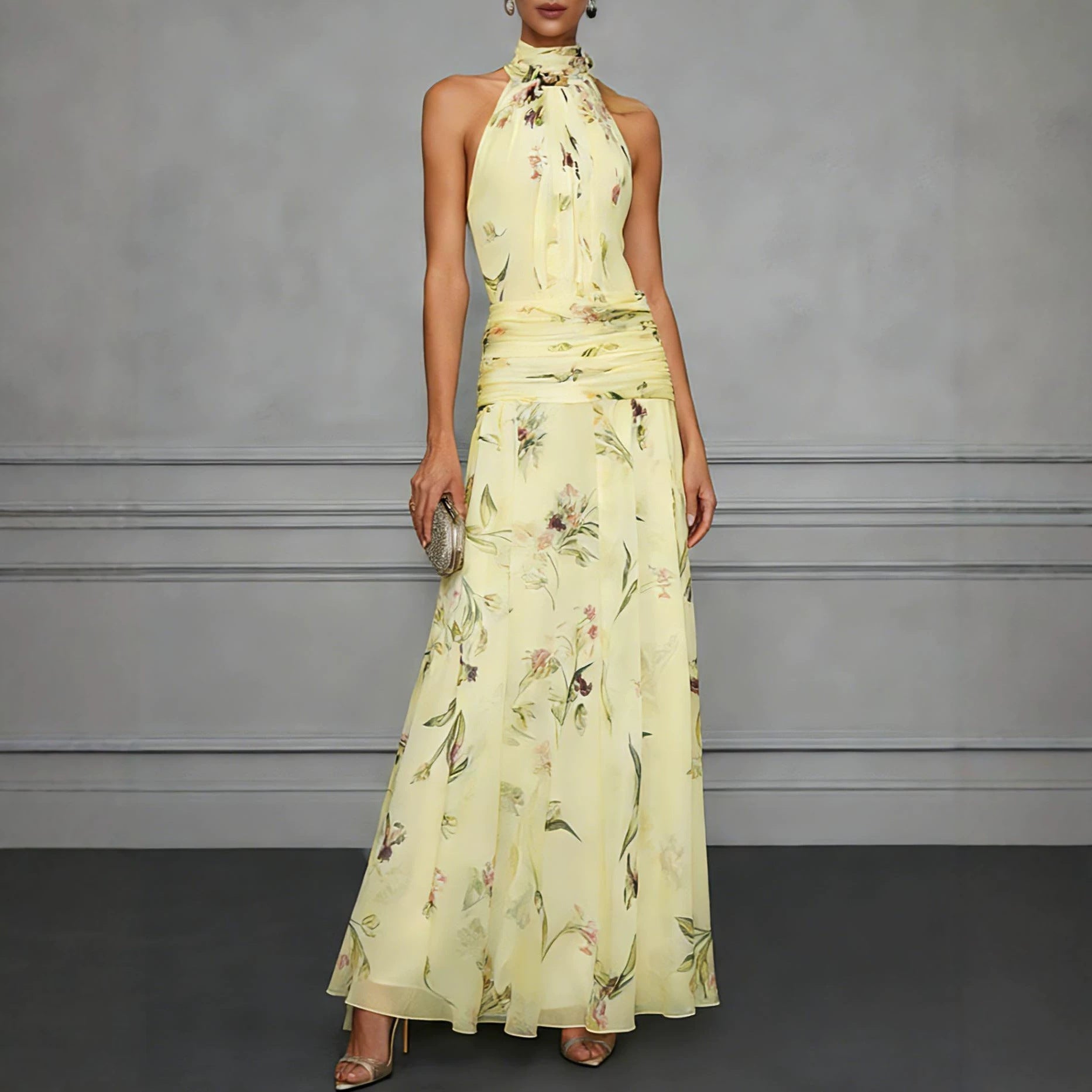 Halter Neck Printed Maxi Dress – Fitted Sleeveless Long Dress