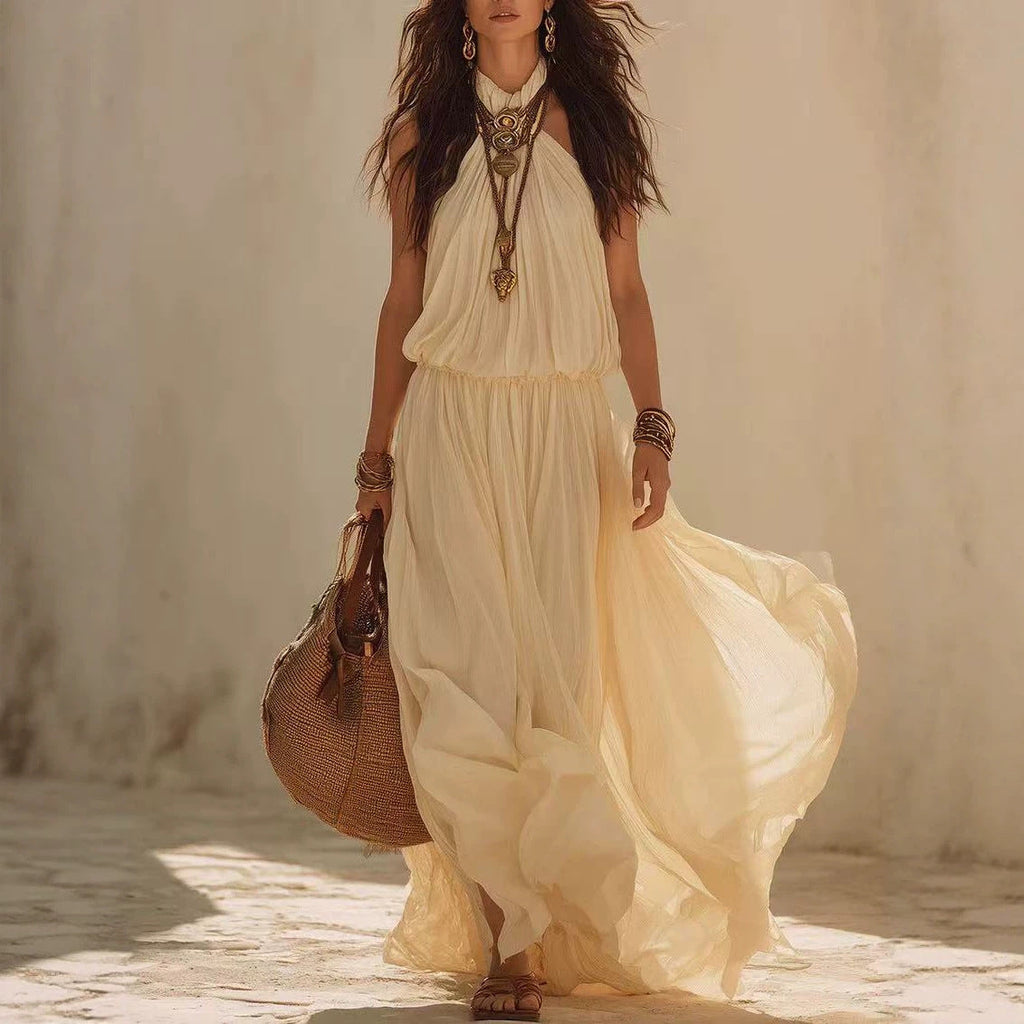 Beige White Halter Neck Maxi Dress – Boho Fairy Sleeveless Long Dress