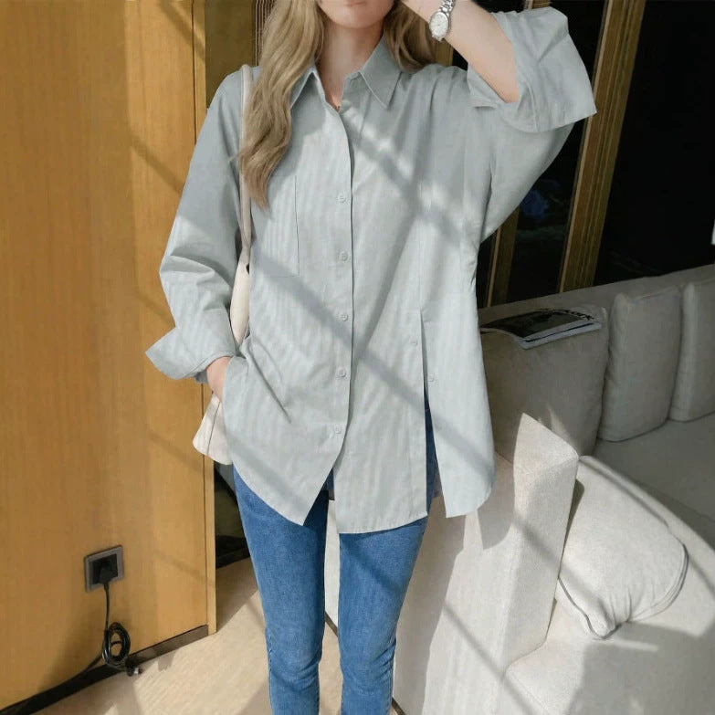 Women's Solid Color Drop Shoulder Button Side Slit Shirt