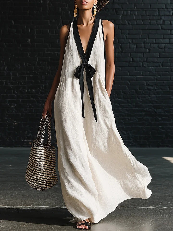 Women's V-Neck Strapless Sleeveless Maxi Dress | Resort-Style Elegant Long Dress