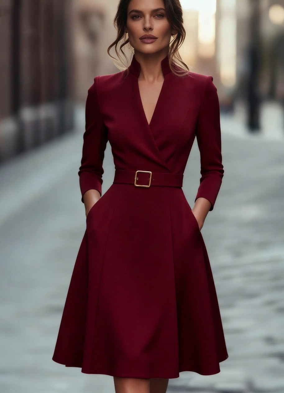 V-Neck Long Sleeve Swing Dress – Women's Autumn Winter Midi Dress