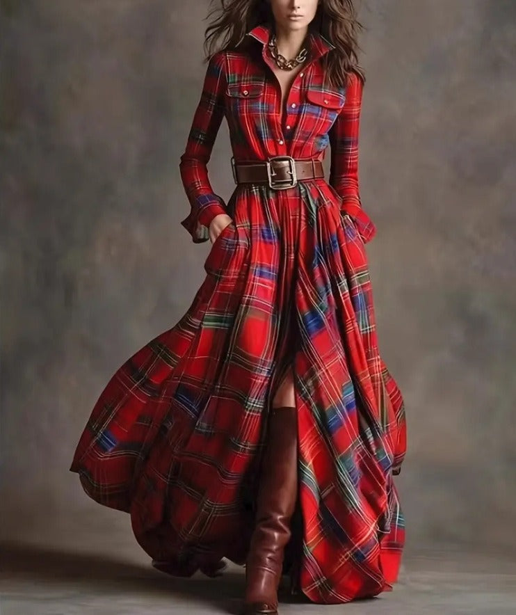 Women's Plus Size Plaid Print Long Sleeve Shirt Dress with Pockets