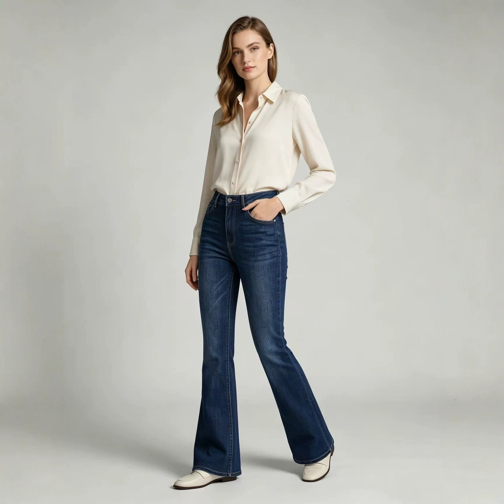 High-Waist Slim-Fit Slightly Flared Women's Jeans – Full-Length Denim Pants