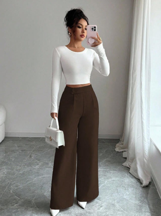 Women's High-Waist Straight-Leg Pants – Solid Color Button Detail Full Length