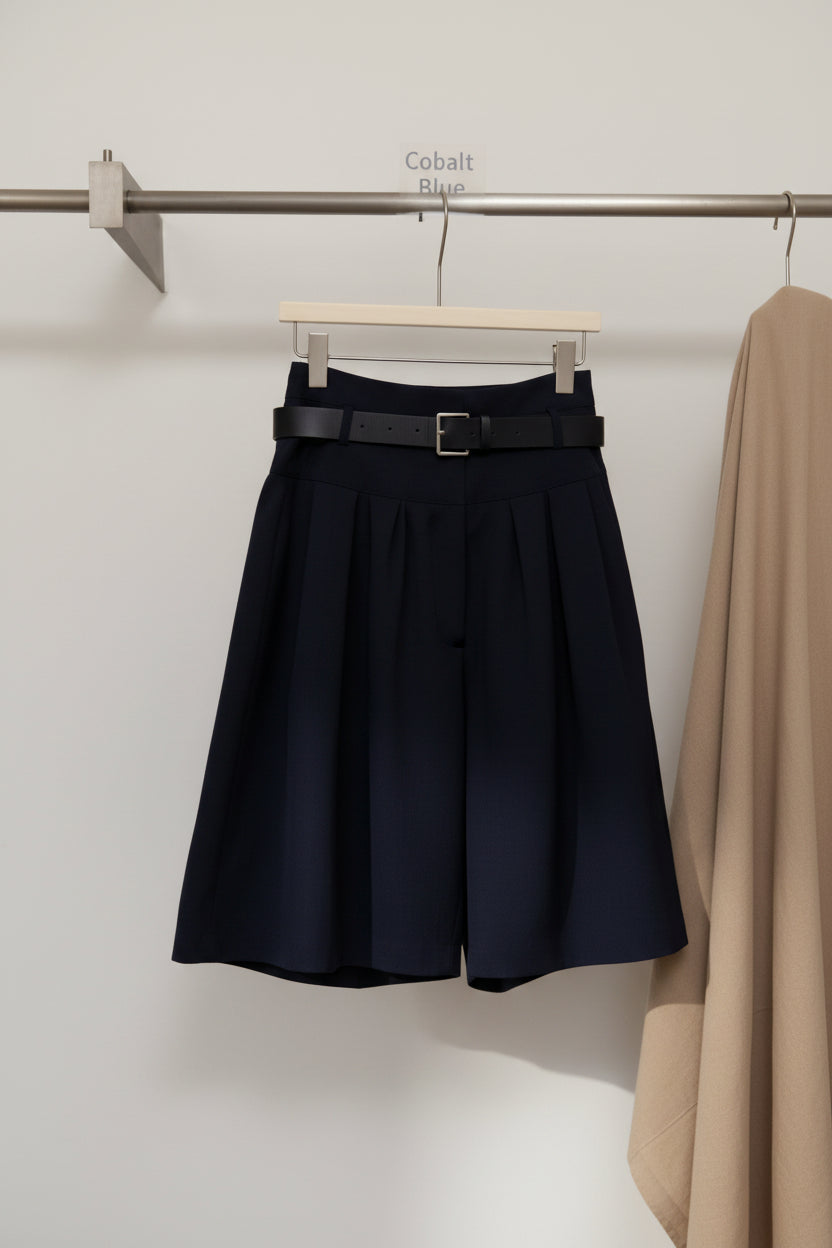 Relaxed A-Line Crushed Pleat Cotton Midi Skirt with Belt