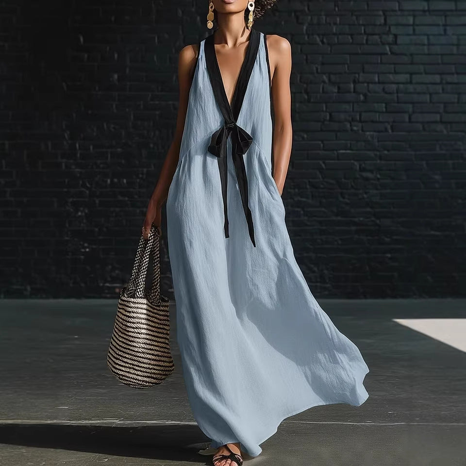 Women's V-Neck Strapless Sleeveless Maxi Dress | Resort-Style Elegant Long Dress