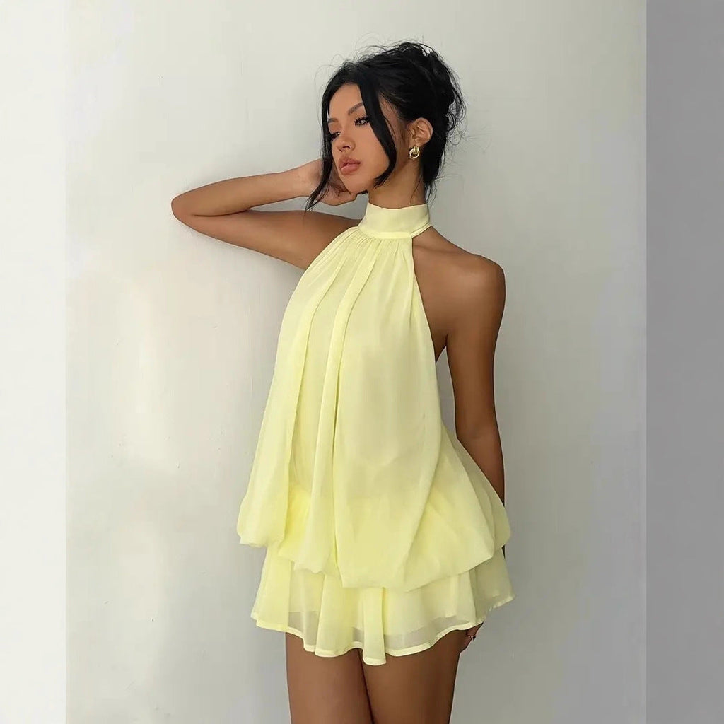 Women's Backless Halter Neck High-Waist Mini Dress with Puffy Skirt