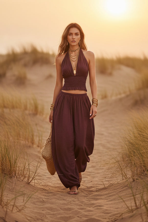 Women's Sleeveless Backless Halter Top & Wide-Leg Pants Set