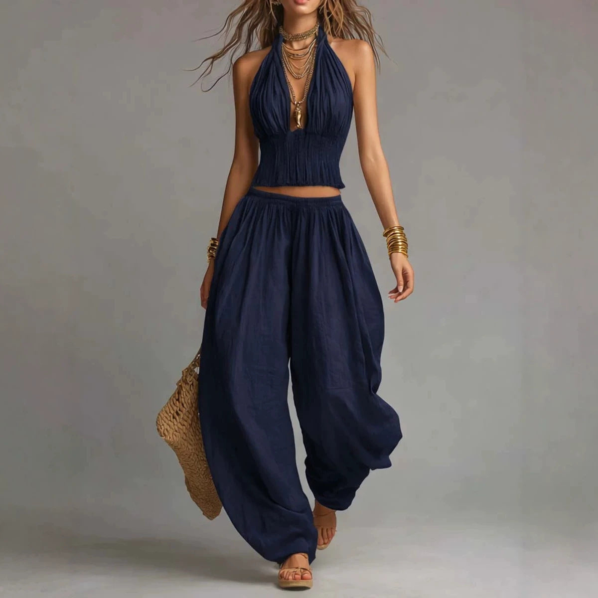 Women's Sleeveless Backless Halter Top & Wide-Leg Pants Set