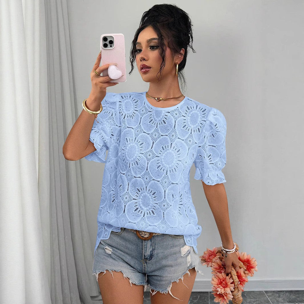 Women's Hollow-Out Lace Puff-Sleeve Shirt Top – Loose Fit