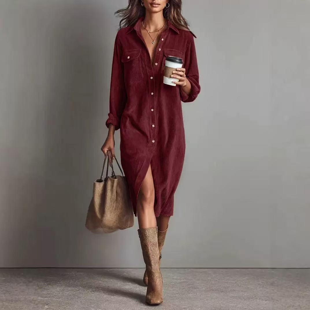 Women's Corduroy Long Sleeve Shirt Dress – Turn-Down Collar Button Front Midi with Pockets