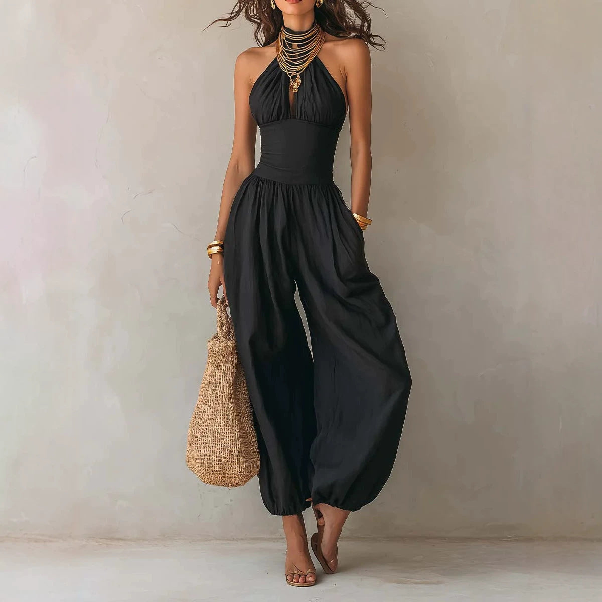 Sleeveless Halter Neck Backless High Waist Jumpsuit for Women – Wide Leg Casual
