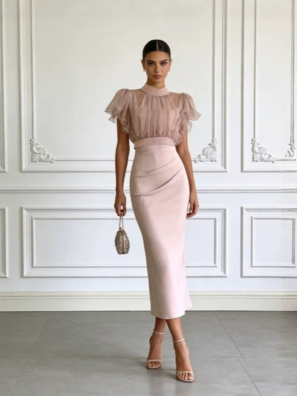 Pink Mesh Lace-Up Waist Two-Piece Dress Set – Elegant Long Skirt & Top
