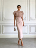 Pink Mesh Lace-Up Waist Two-Piece Dress Set – Elegant Long Skirt & Top