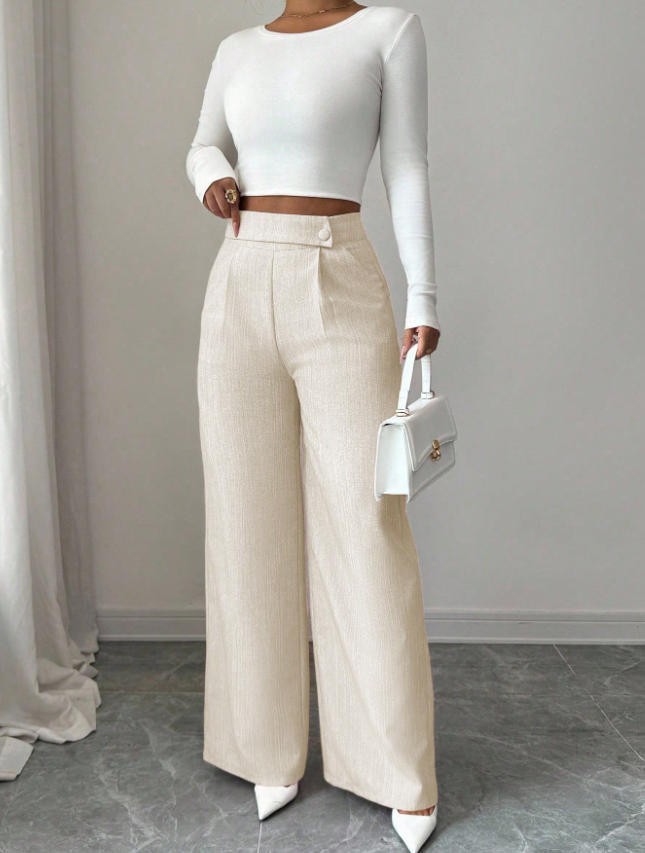 Women's High-Waist Straight-Leg Pants – Solid Color Button Detail Full Length
