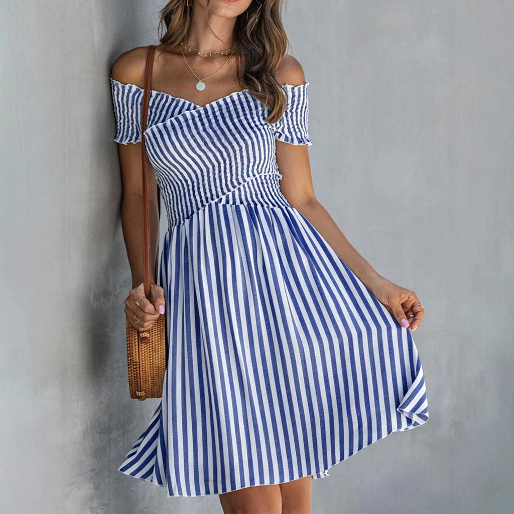 Women's Off-Shoulder Striped Waist-Cinching Midi Dress