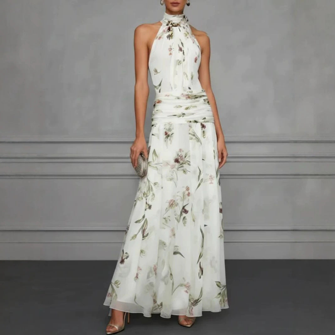 Halter Neck Printed Maxi Dress – Fitted Sleeveless Long Dress