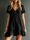 Women's V-Neck Short-Sleeve Midi Dress – Ice Silk Crepe Loose Casual