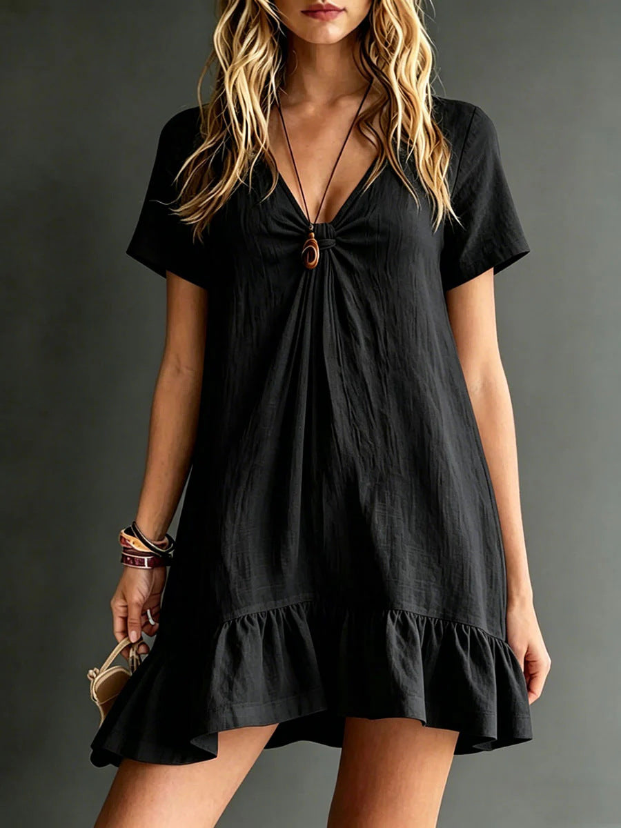 Women's V-Neck Short-Sleeve Midi Dress – Ice Silk Crepe Loose Casual