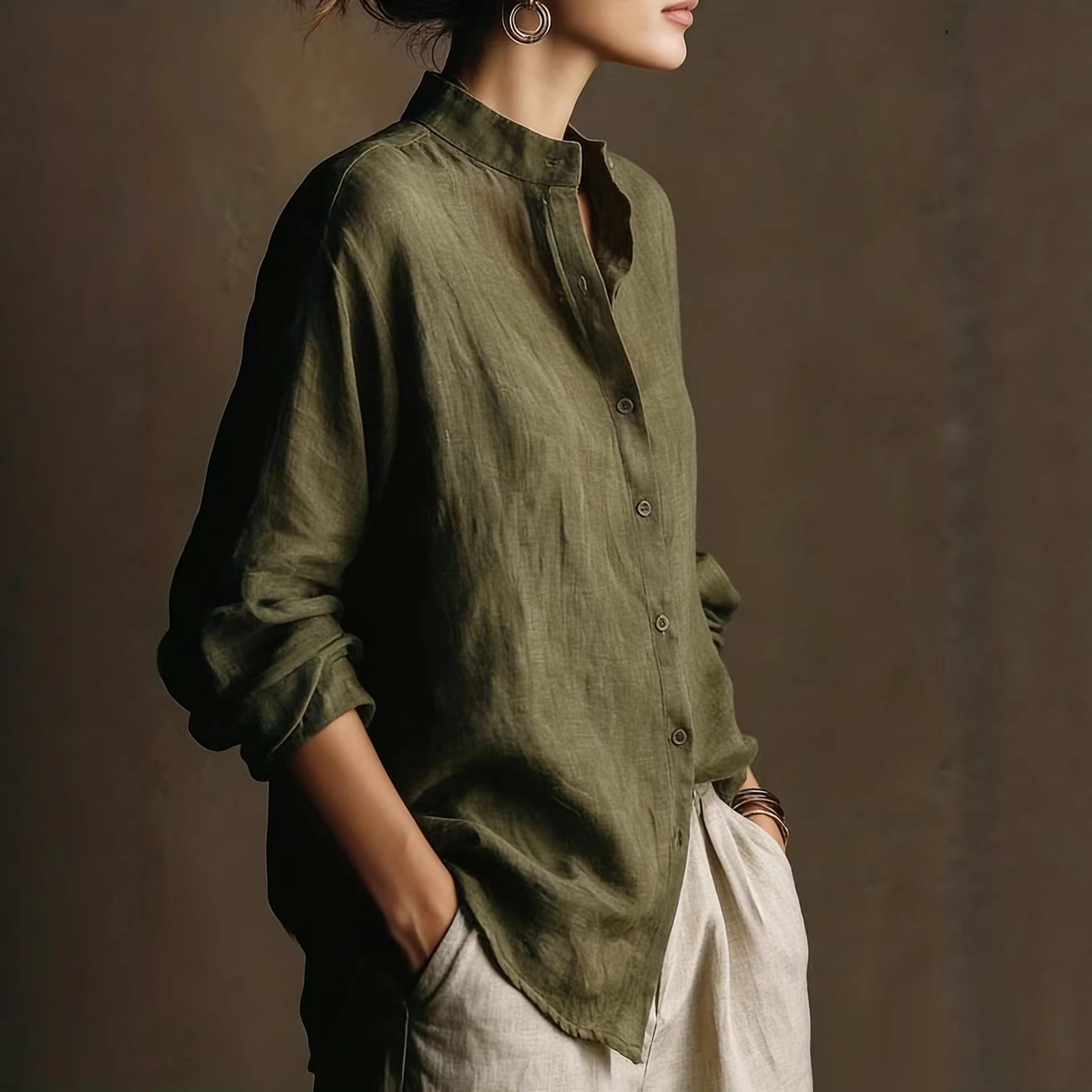 Women's Loose Cotton Linen Long Sleeve Shirt — Flip Collar