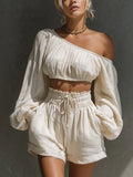 Women's One-Shoulder Ruched Crop Top & High-Waist Shorts Set