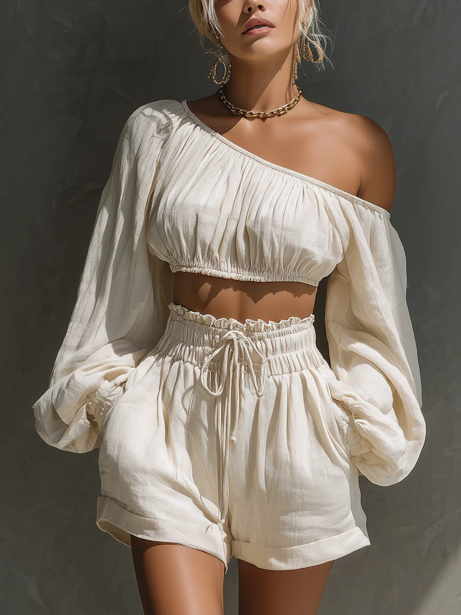 Women's One-Shoulder Ruched Crop Top & High-Waist Shorts Set