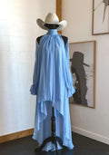 High Neck Asymmetric Maxi Chiffon Dress – Loose Fit Long Sleeve