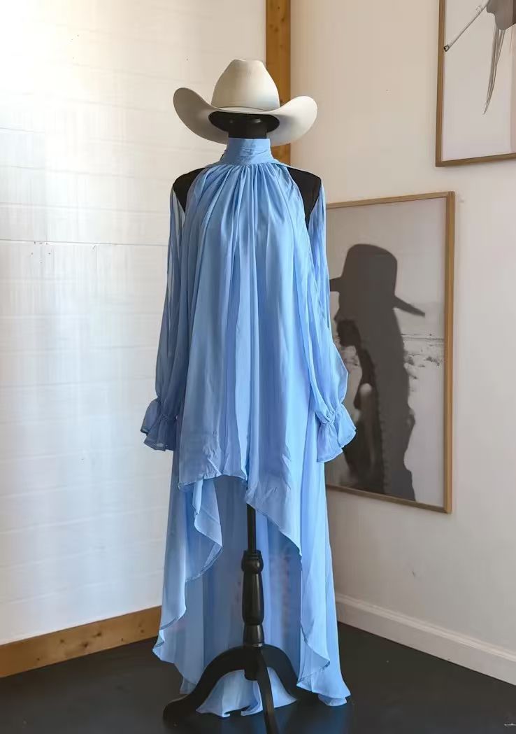 High Neck Asymmetric Maxi Chiffon Dress – Loose Fit Long Sleeve