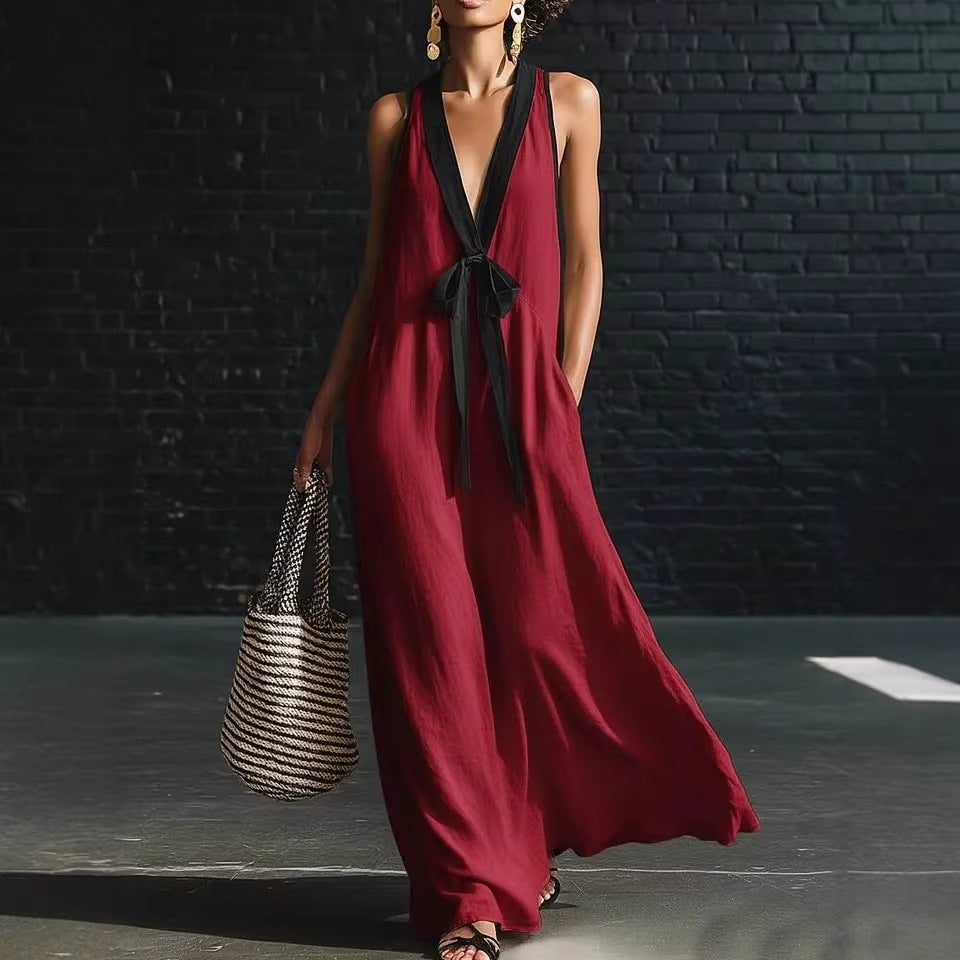 Women's V-Neck Strapless Sleeveless Maxi Dress | Resort-Style Elegant Long Dress