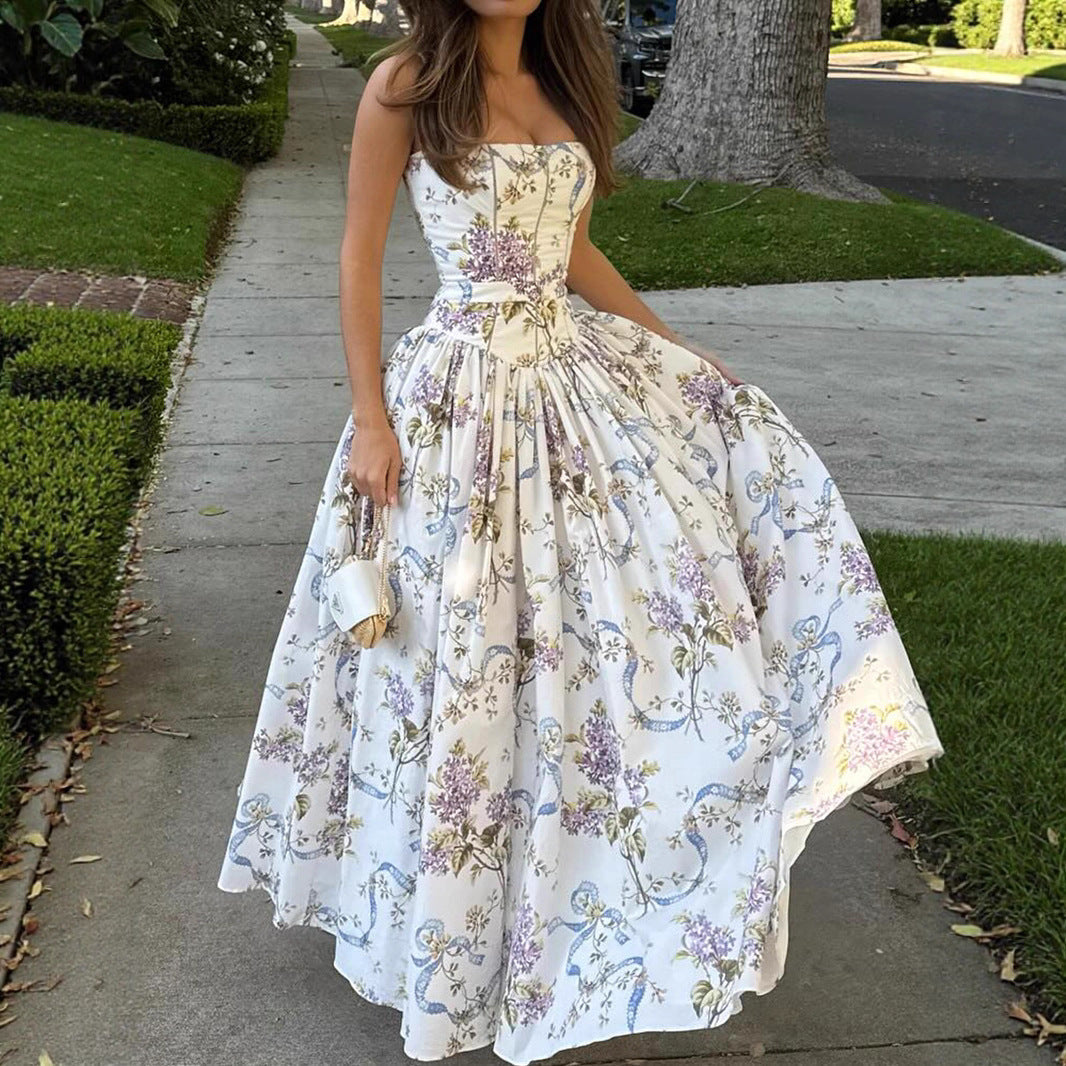 Printed Strapless Backless Maxi Dress – Fitted Long Dress