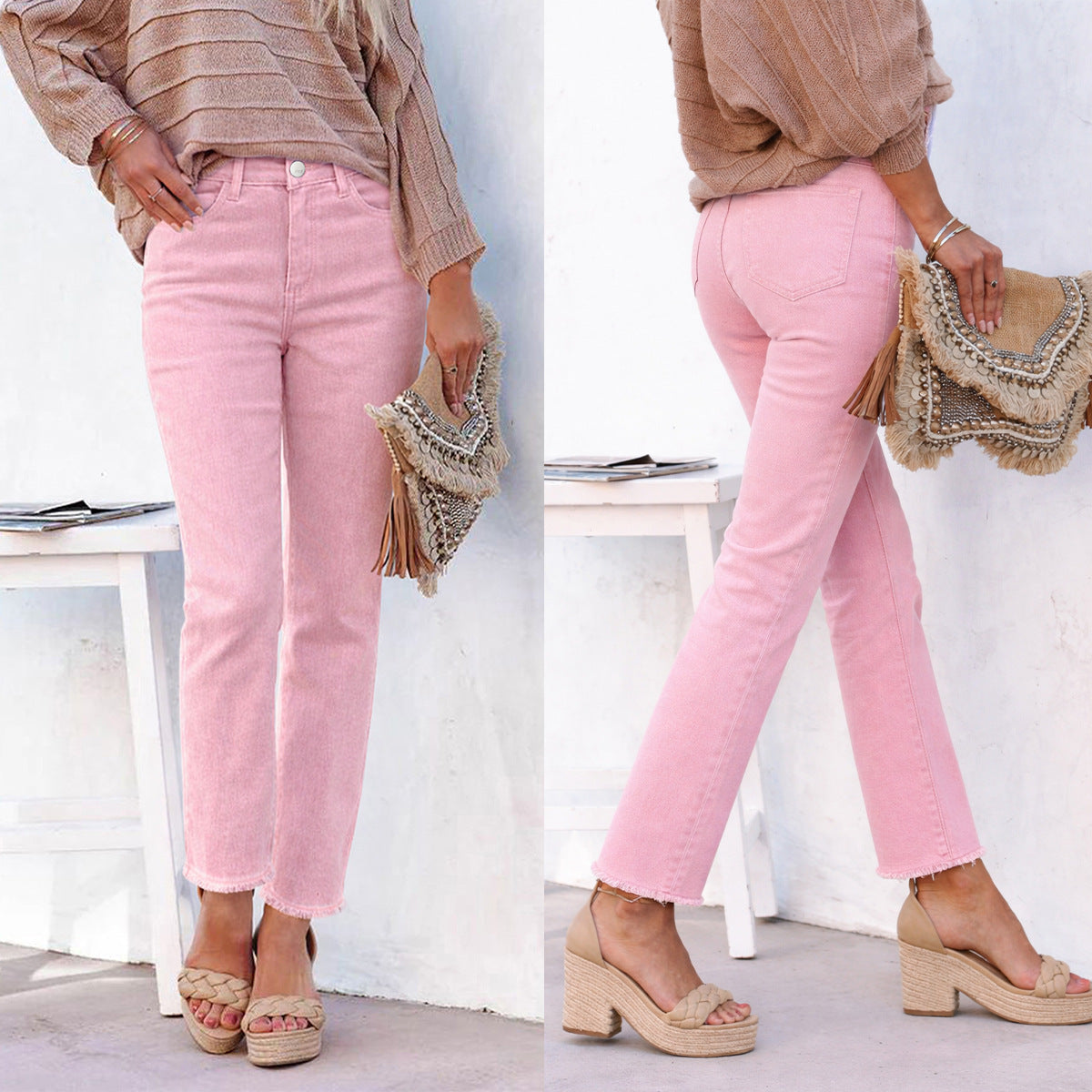 Women's Straight Leg Ankle-Length Raw Hem Denim Pants – Casual High-Waist Jeans