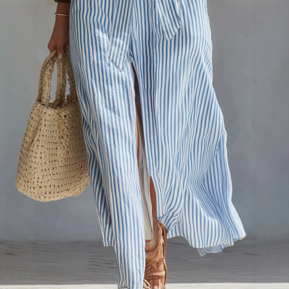 Women's Blue & White Striped Maxi Dress | V-Neck Waist-Tie Side Split Beach Dress