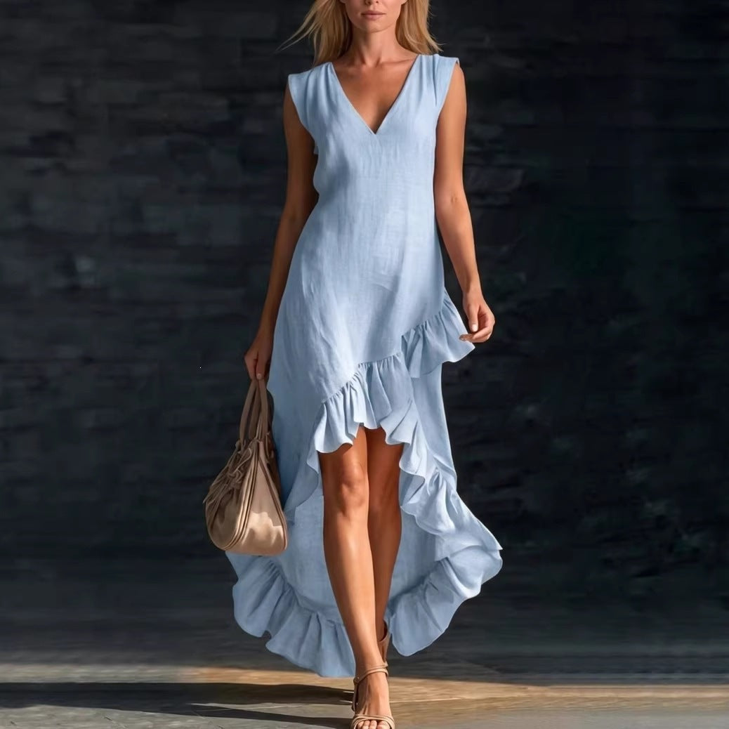 Sleeveless V-Neck Ruffle Hem Maxi Dress – Women's Cotton Linen