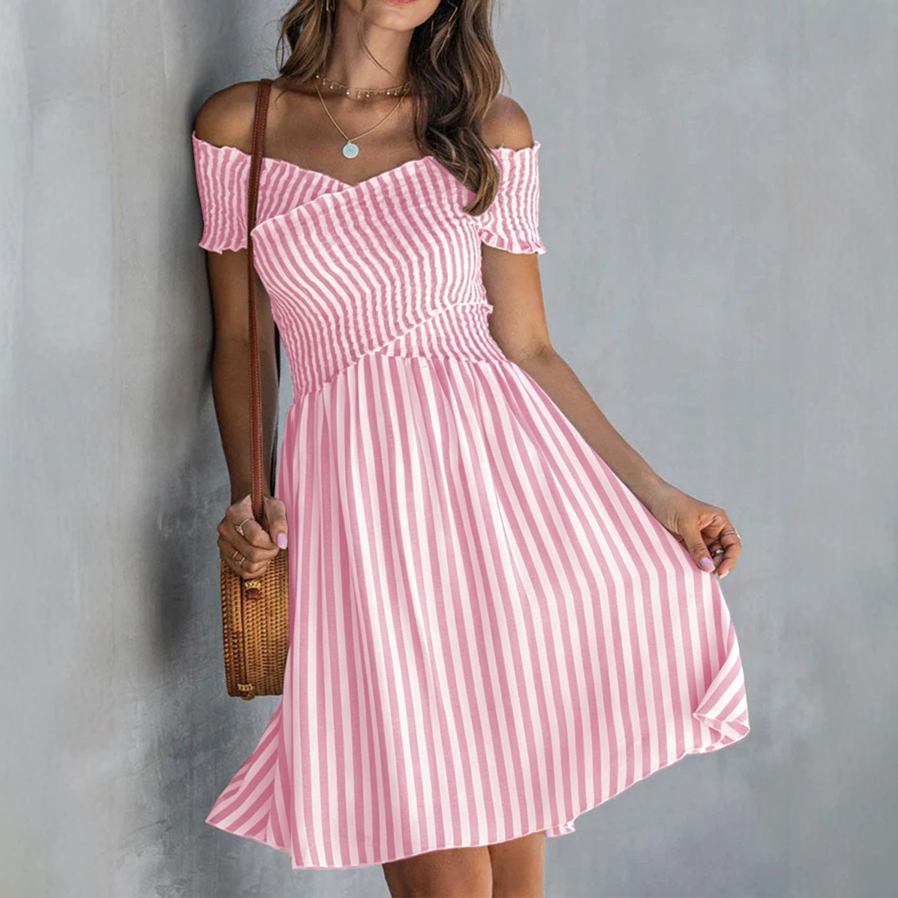 Women's Off-Shoulder Striped Waist-Cinching Midi Dress