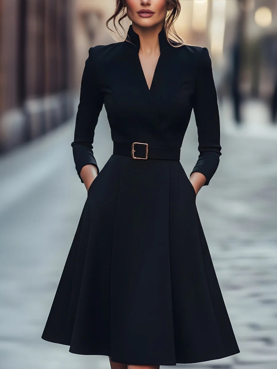 V-Neck Long Sleeve Swing Dress – Women's Autumn Winter Midi Dress
