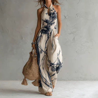 Apricot Ink Print Halter Neck Wide Leg Jumpsuit with Pockets