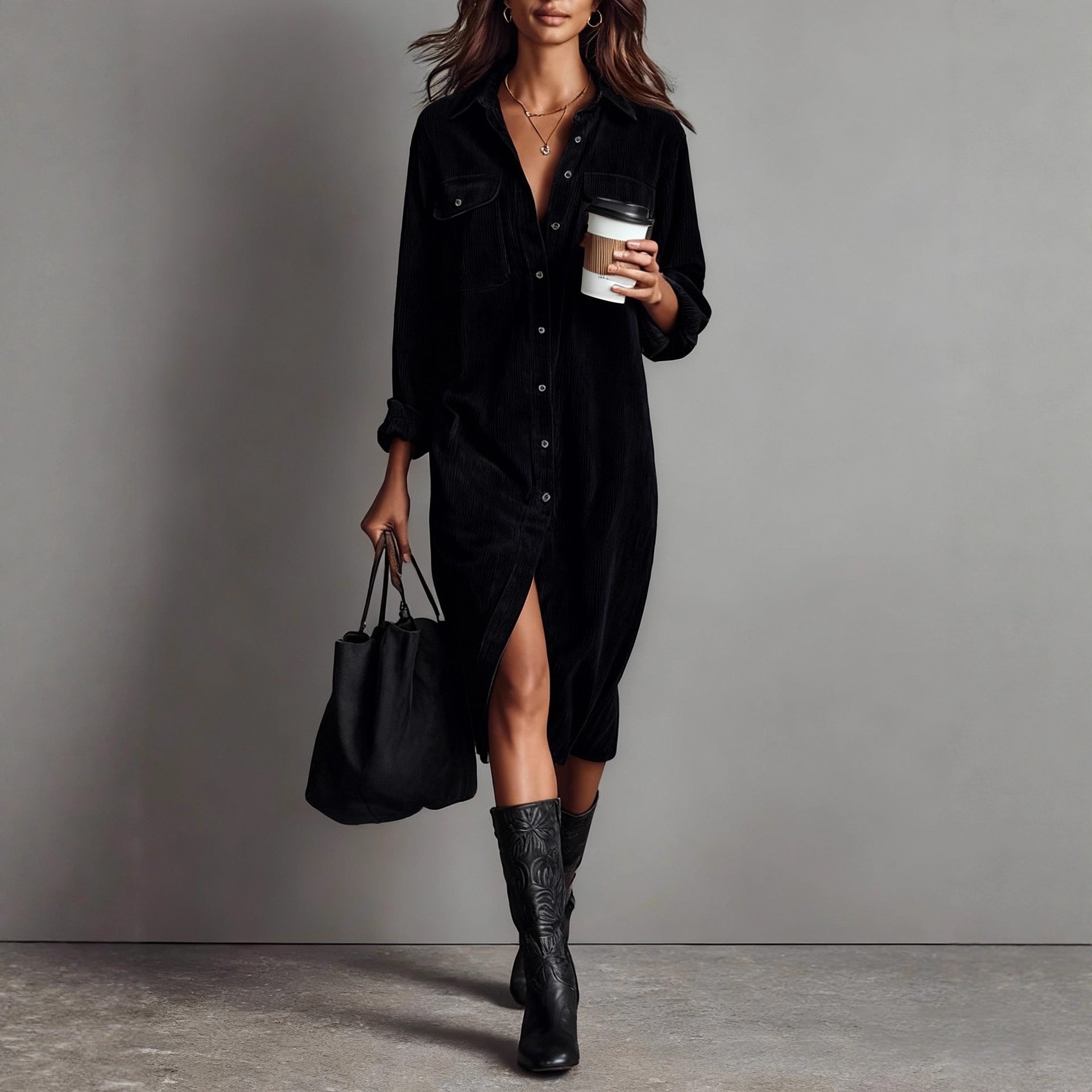 Women's Corduroy Long Sleeve Shirt Dress – Turn-Down Collar Button Front Midi with Pockets