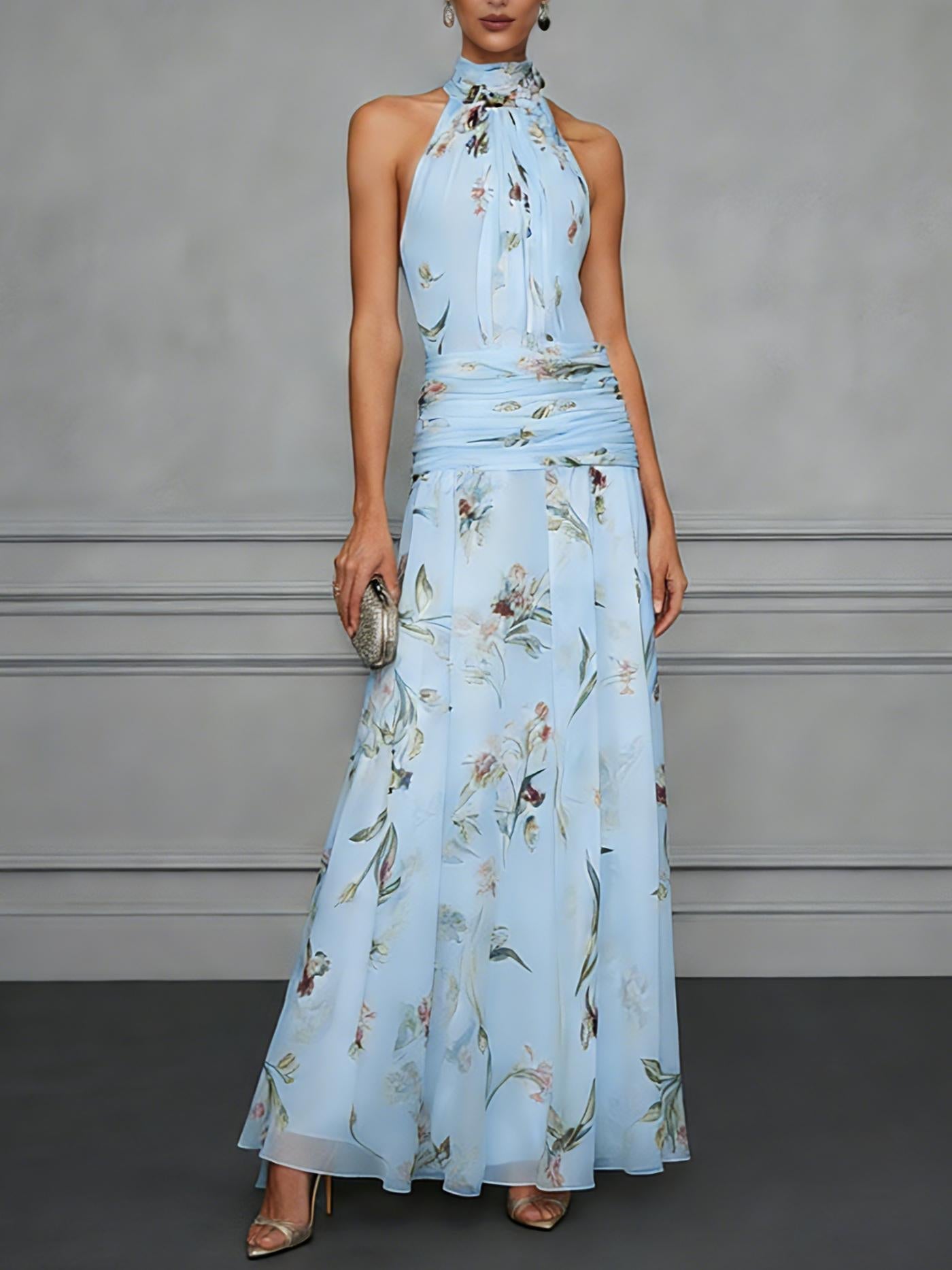 Halter Neck Printed Maxi Dress – Fitted Sleeveless Long Dress